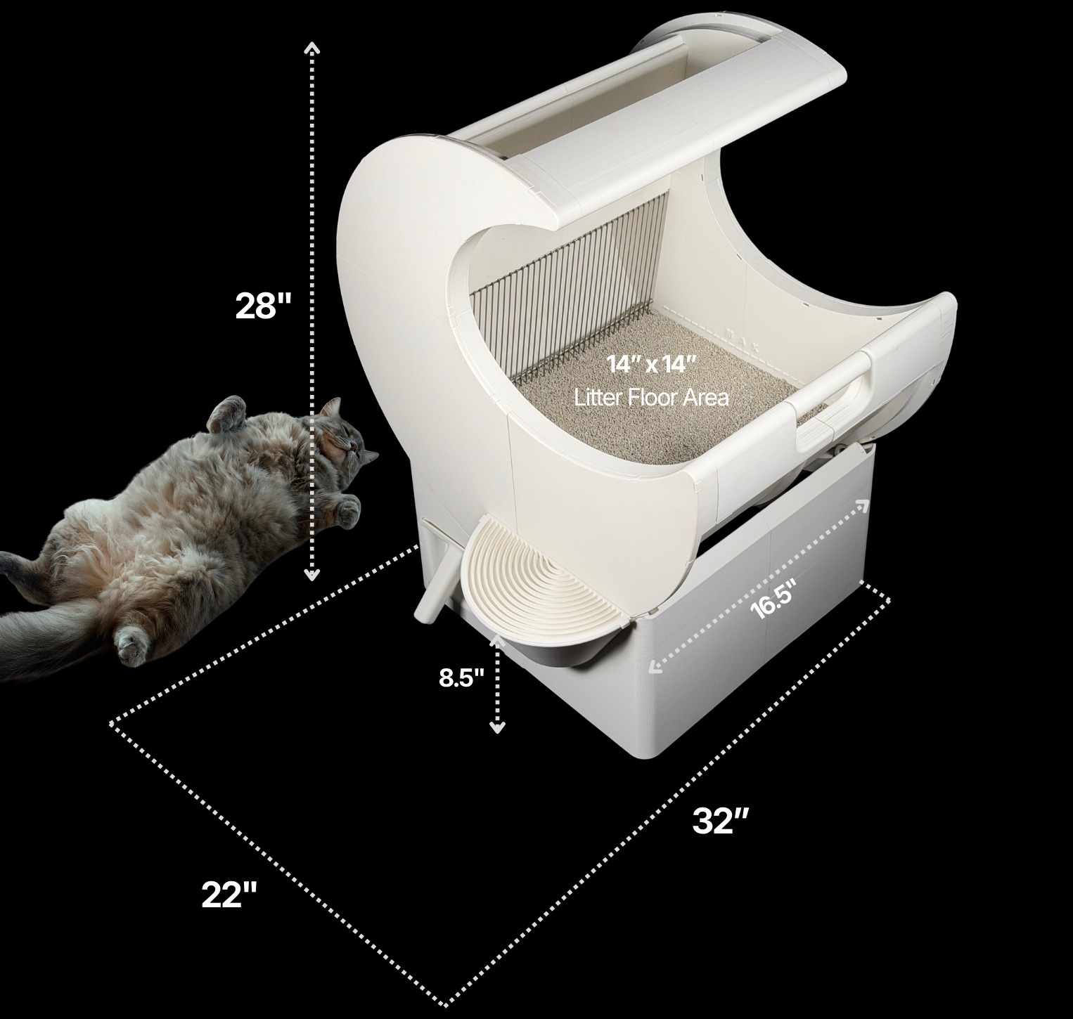 Moonbox dimensions shown with a cat for scale - 28in/71cm H x 22in/56cm D x 32in/81cm L x 16.5in/42cm W, 14in/36cm x 14in/36cm litter floor area