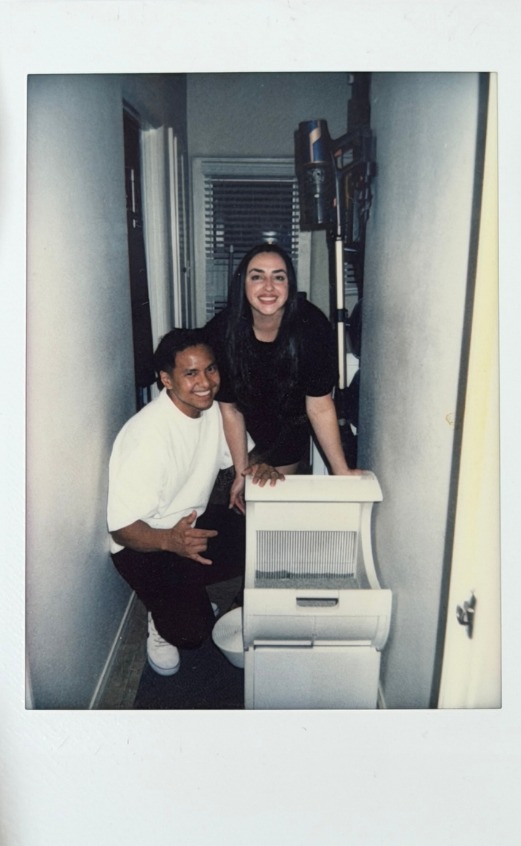 Isaac and Ana with an early Moonbox prototype at home