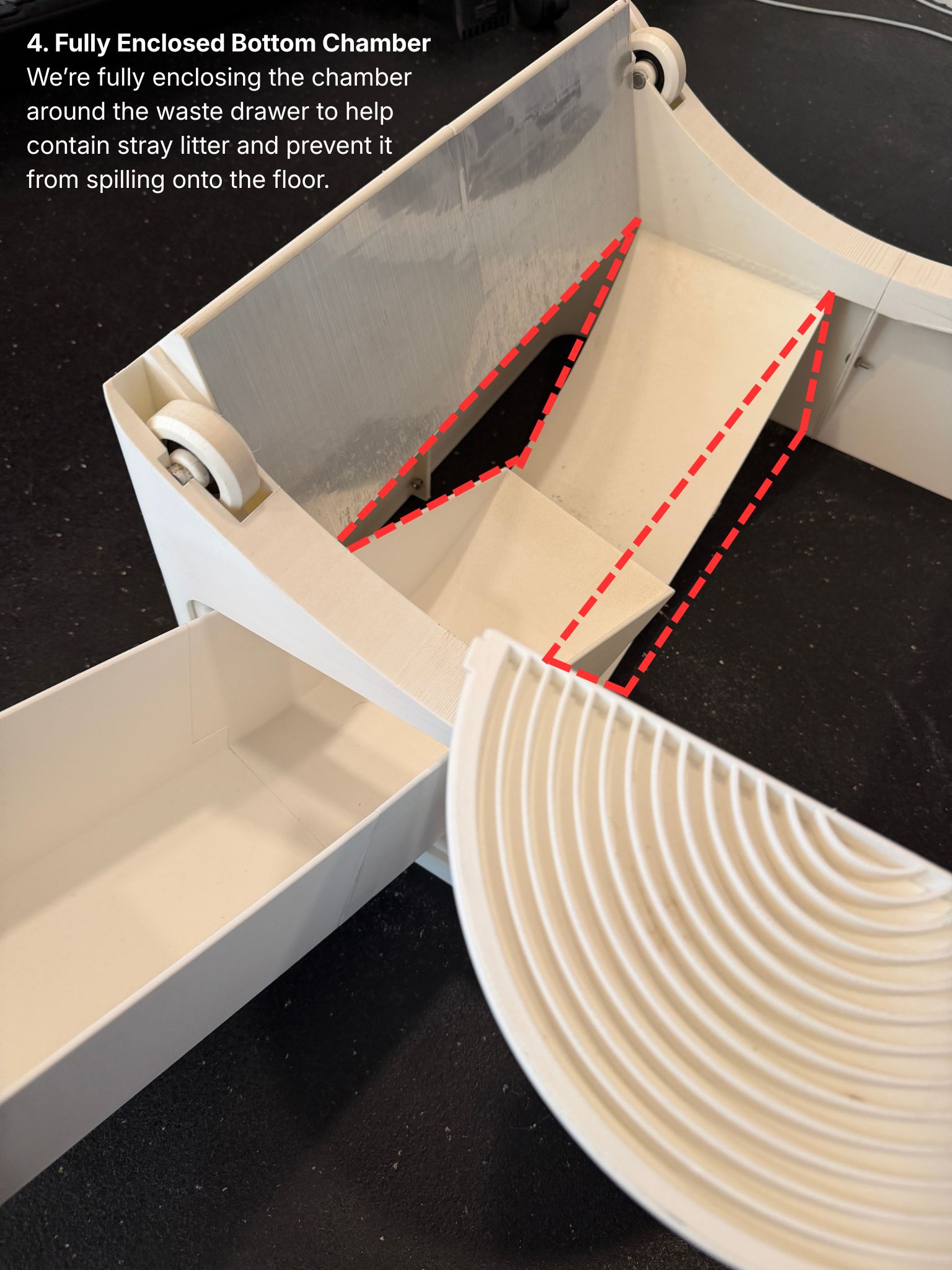 Fully Enclosed Bottom Chamber - the chamber around the waste drawer is fully enclosed to help contain stray litter