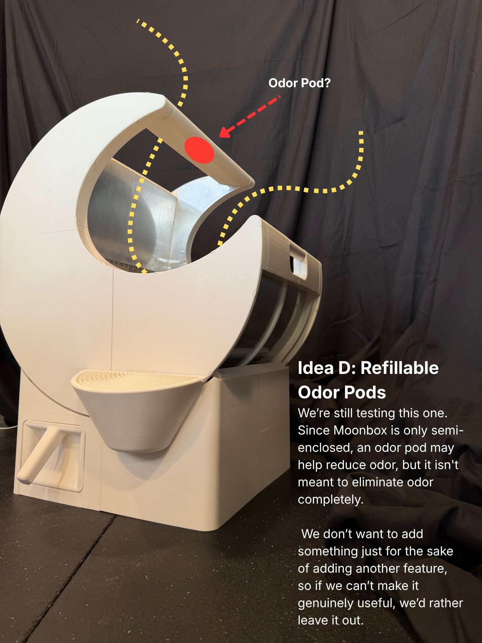 Idea D, Refillable Odor Pods - exploring a refillable odor pod to help reduce odor